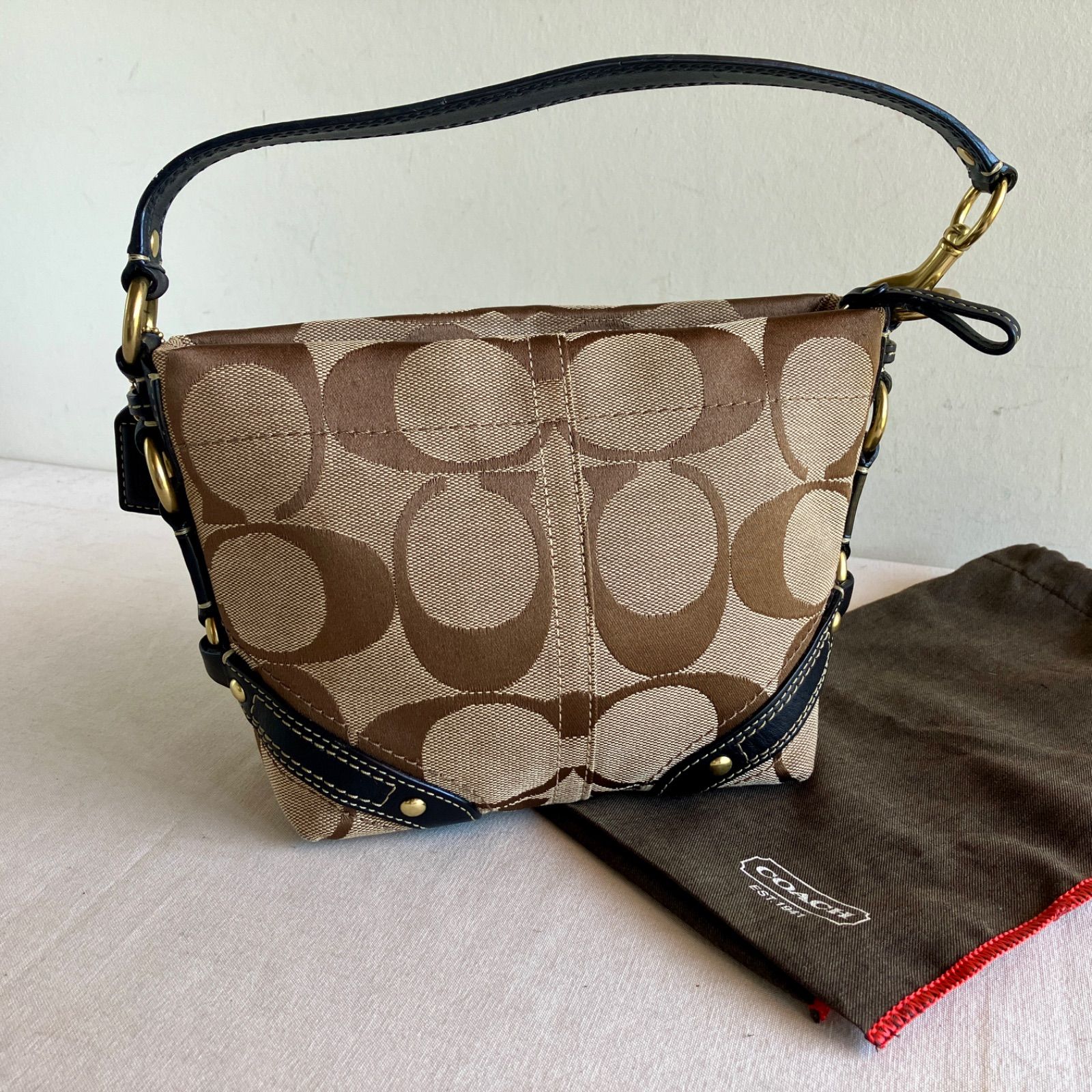 Y2K Coach Signature Khaki Brown Canvas Leather Trim Hobo Shoulder Bag Vintage