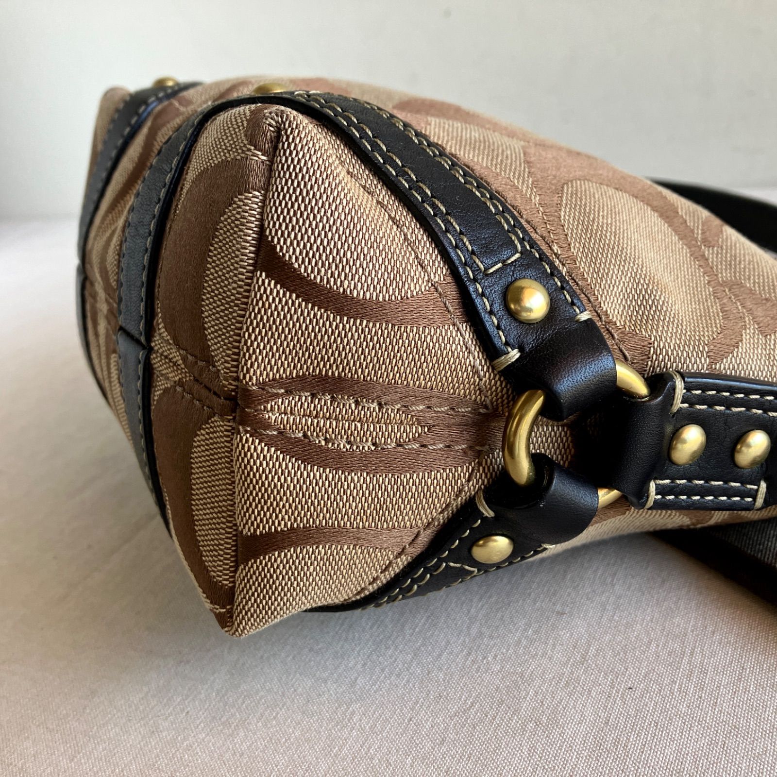 Y2K Coach Signature Khaki Brown Canvas Leather Trim Hobo Shoulder Bag Vintage