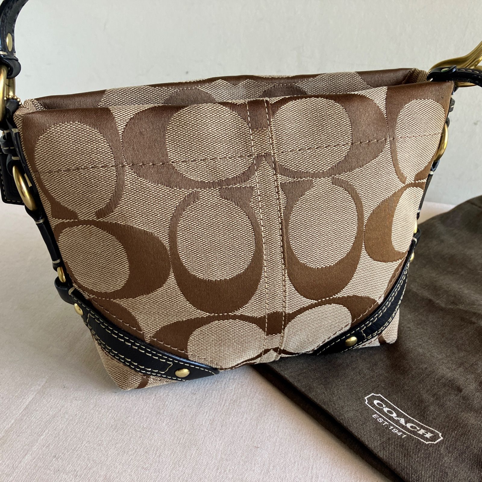 Y2K Coach Signature Khaki Brown Canvas Leather Trim Hobo Shoulder Bag Vintage