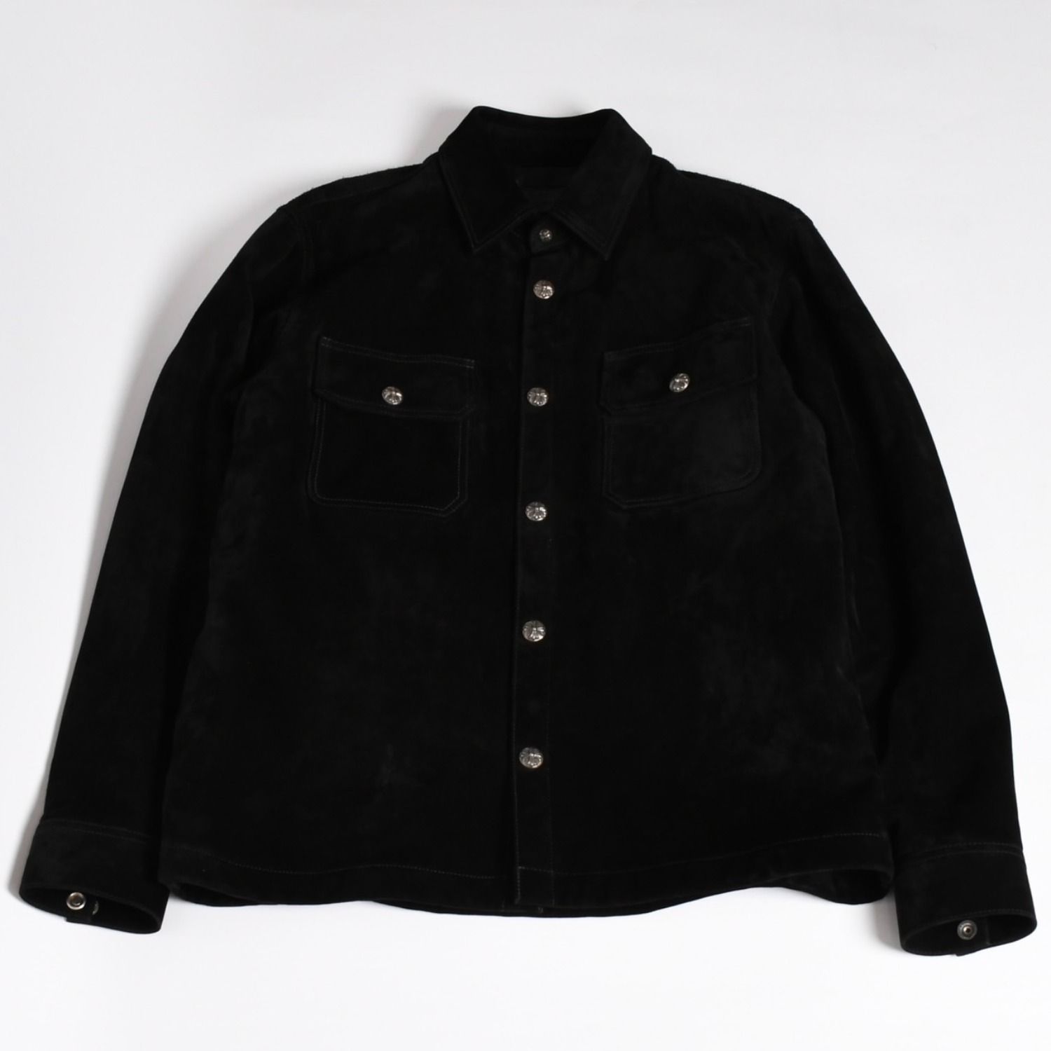 新品同様 CHROME HEARTS クロムハーツ ワークドッグシャツジャケット スウェード アウター CHクロス ブラック クロスボール Mサイズ シルバー925 中古 4a003310