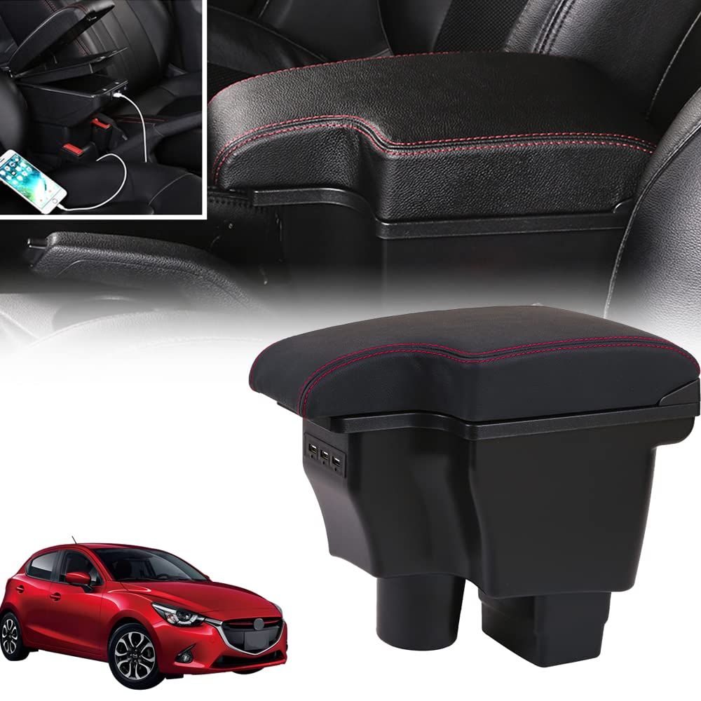 CX-3 DK5 DJ3 DJ5 デミオ用の車用アームレスト DJ系用 組み立て不要の一体式 車内大容量収納ボック センターコンソールボックス USB充電ポート付き 二層タイプ 小物入れ 車種専用設計 長距離運転最適 内装パーツ CX3 DK f3586265