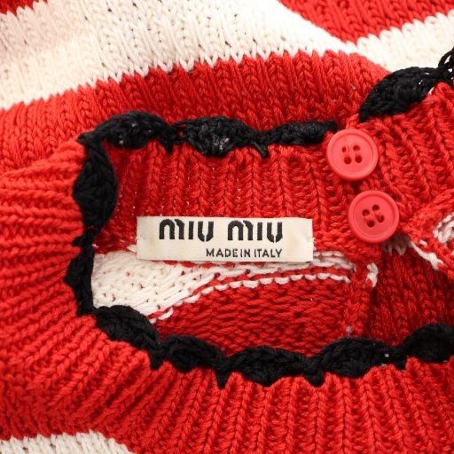 【極美品】MIUMIU ミュウミュウ サマーニット 半袖 ボーダー L レッド ミュウミュウ miumiu ニット 半袖 ストレッチ ボーダー柄 バイカラー