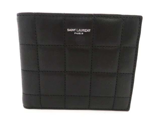 SAINT LAURENT サンローラン キルティング ロゴ イースト/ウェスト ウォレット 二つ折り財布 カーフ ブラック【中古】【473】
