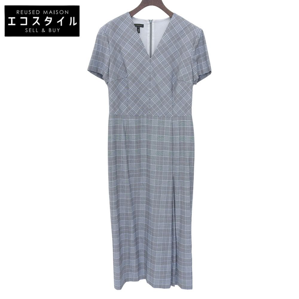 ESCADA　エスカーダ　チェック Vネック ワンピース レディース グレー×ブルー 36 5033846　36