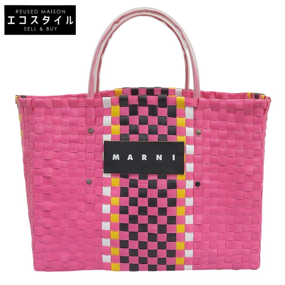 MARNI　マルニ　フラワーカフェ レザーロゴ かご トートバッグ レディース ピンク×ブラック×イエロー×ホワイト