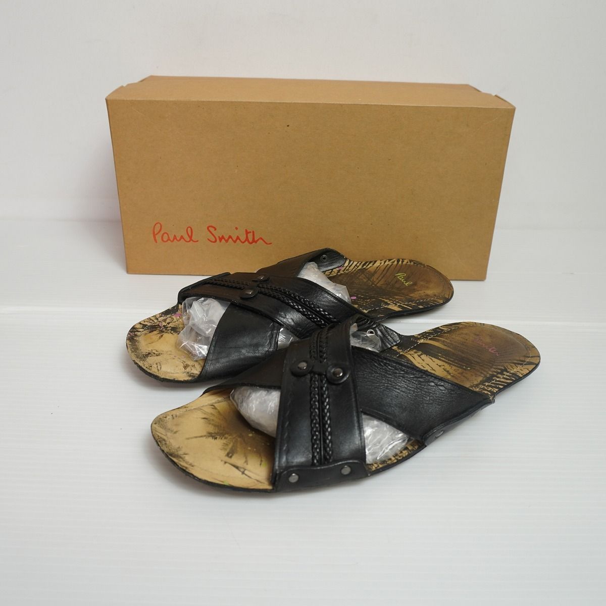 正規 Paul Smith ポールスミス シェル レザー クロス ストラップ サンダル 170-815 イタリア製 黒 ブラック US9 27cm 本物 2613Q★2