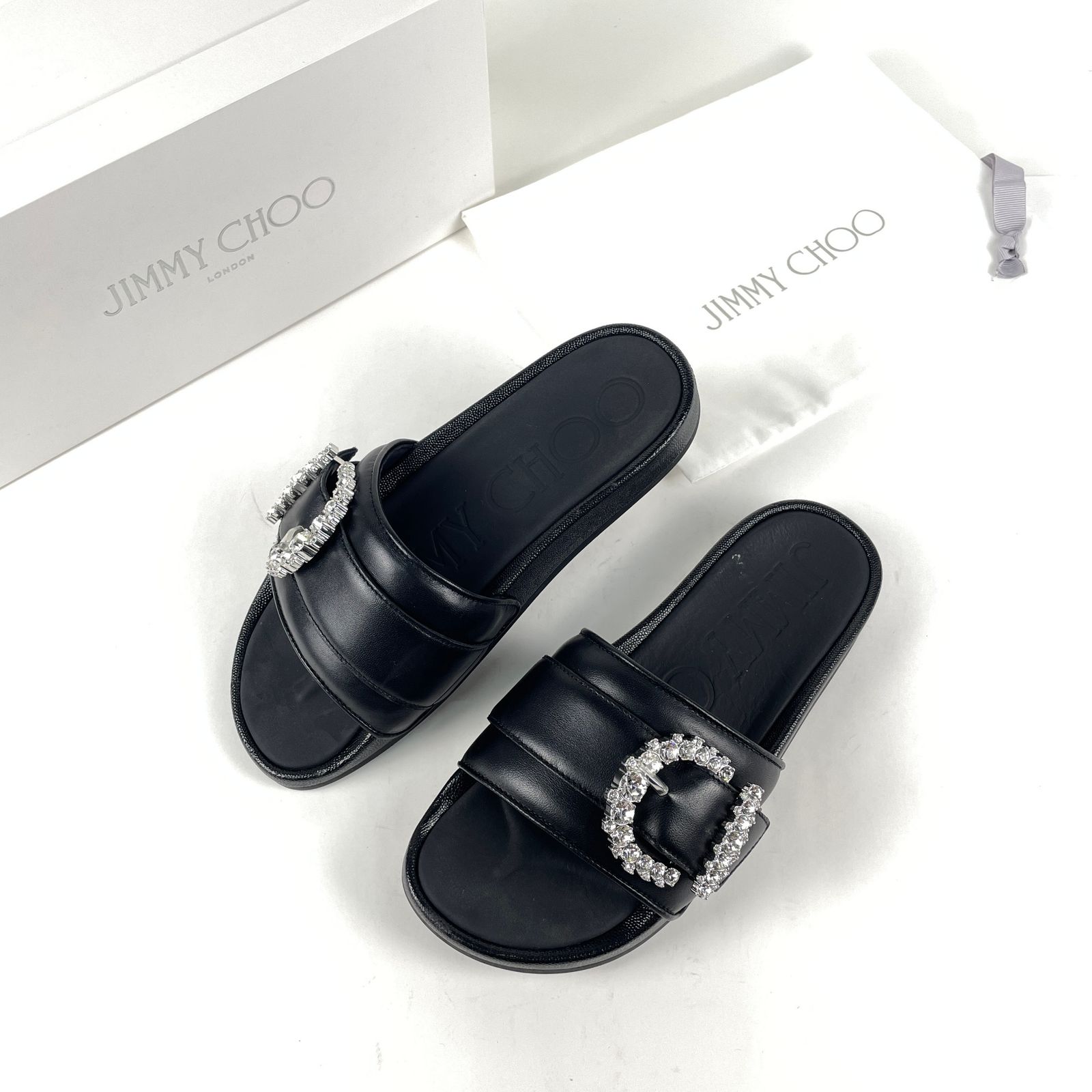 JIMMY　CHOO　ジミー チュウ　J00017560038　150655　CHERI　クリスタルバックル　フラットサンダル　ビジュー　ラインストーン　サイズ38　ブラック