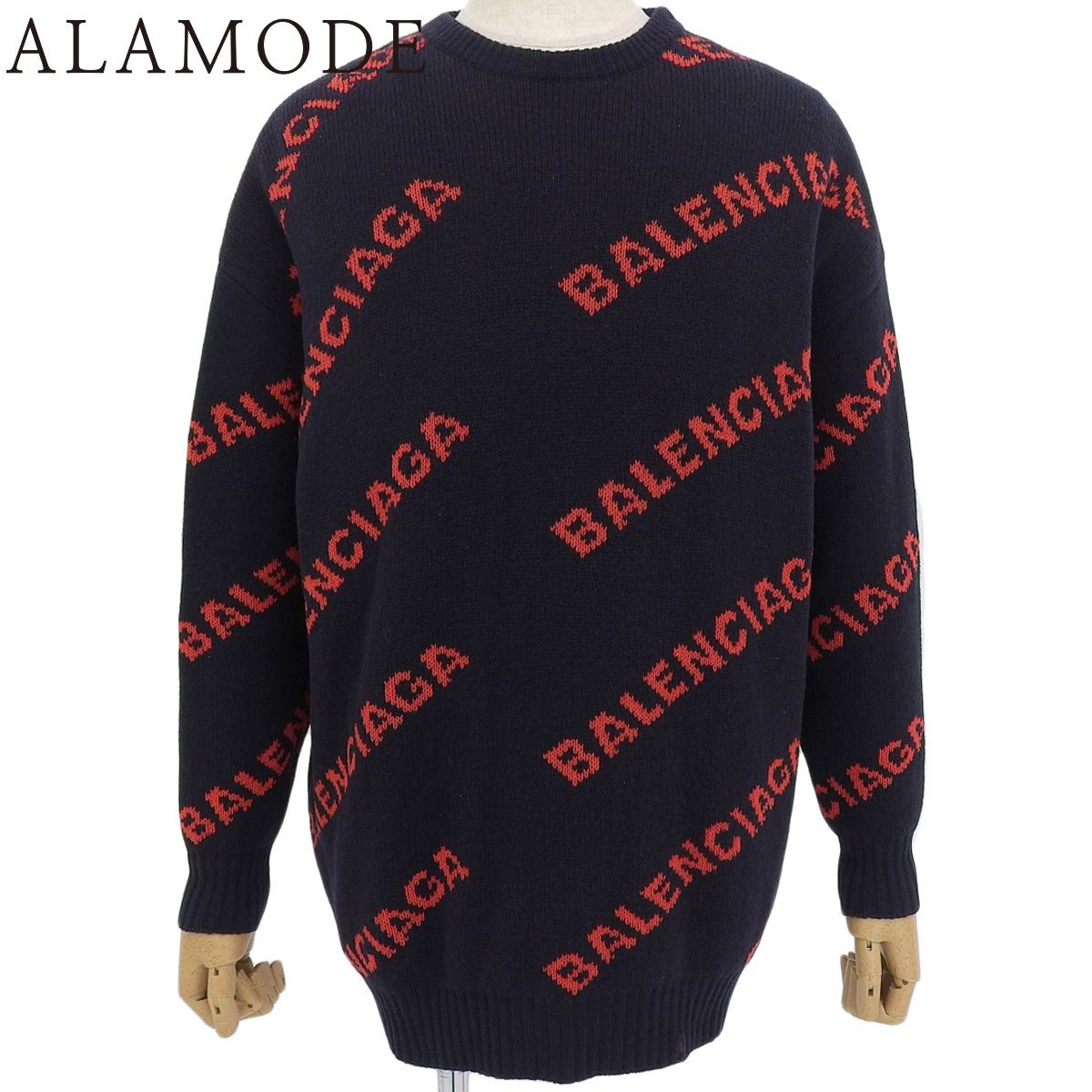 BALENCIAGA(バレンシアガ) オールオーバー ロゴニット ニット/セーター アパレル ジャガード XS ウール ナイロン ポリエステル ネイビー紺 レッド赤 555279 メンズ 40802177802【中古】【アラモード】 32,993円
