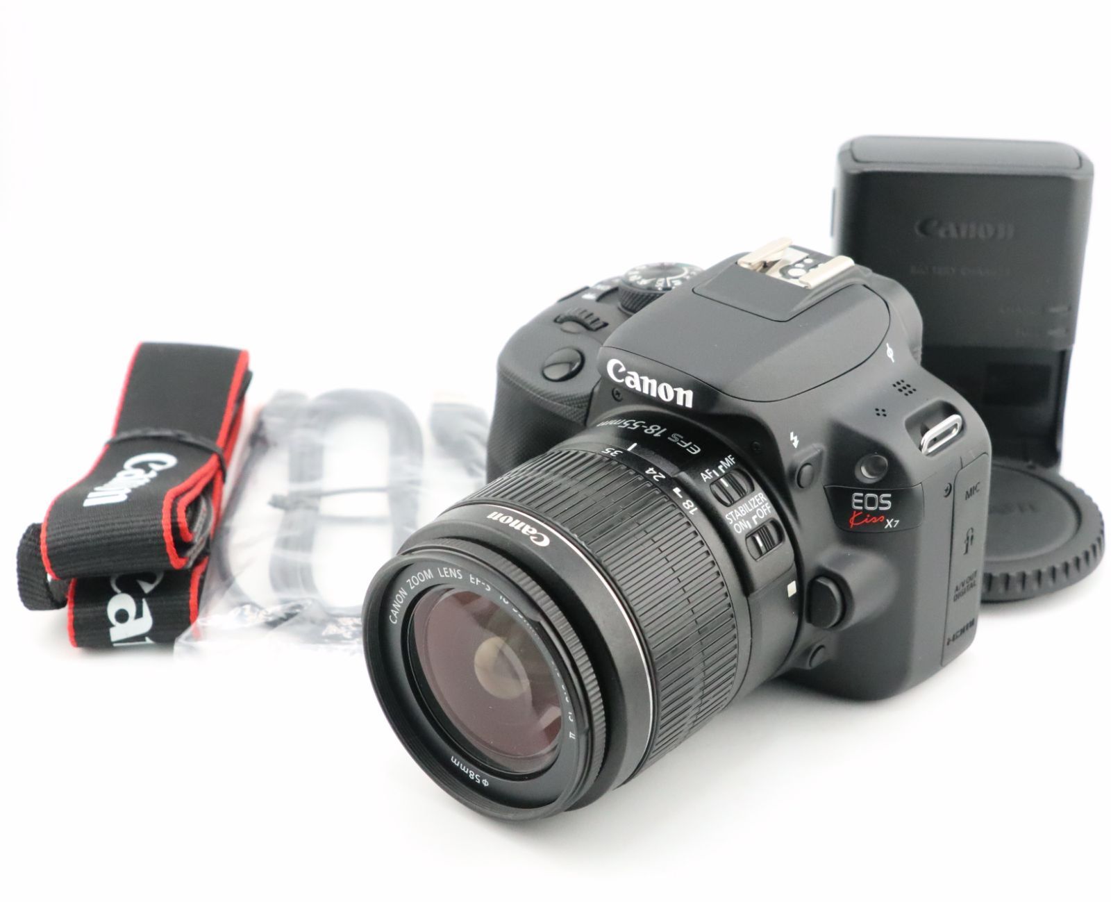 ★美品★﻿ショット数2,001回★キヤノン CANON EOS Kiss X7 + EF-S 18-55mm F3.5-5.6 IS II 充電器・ストラップ付★　W0518＃5027