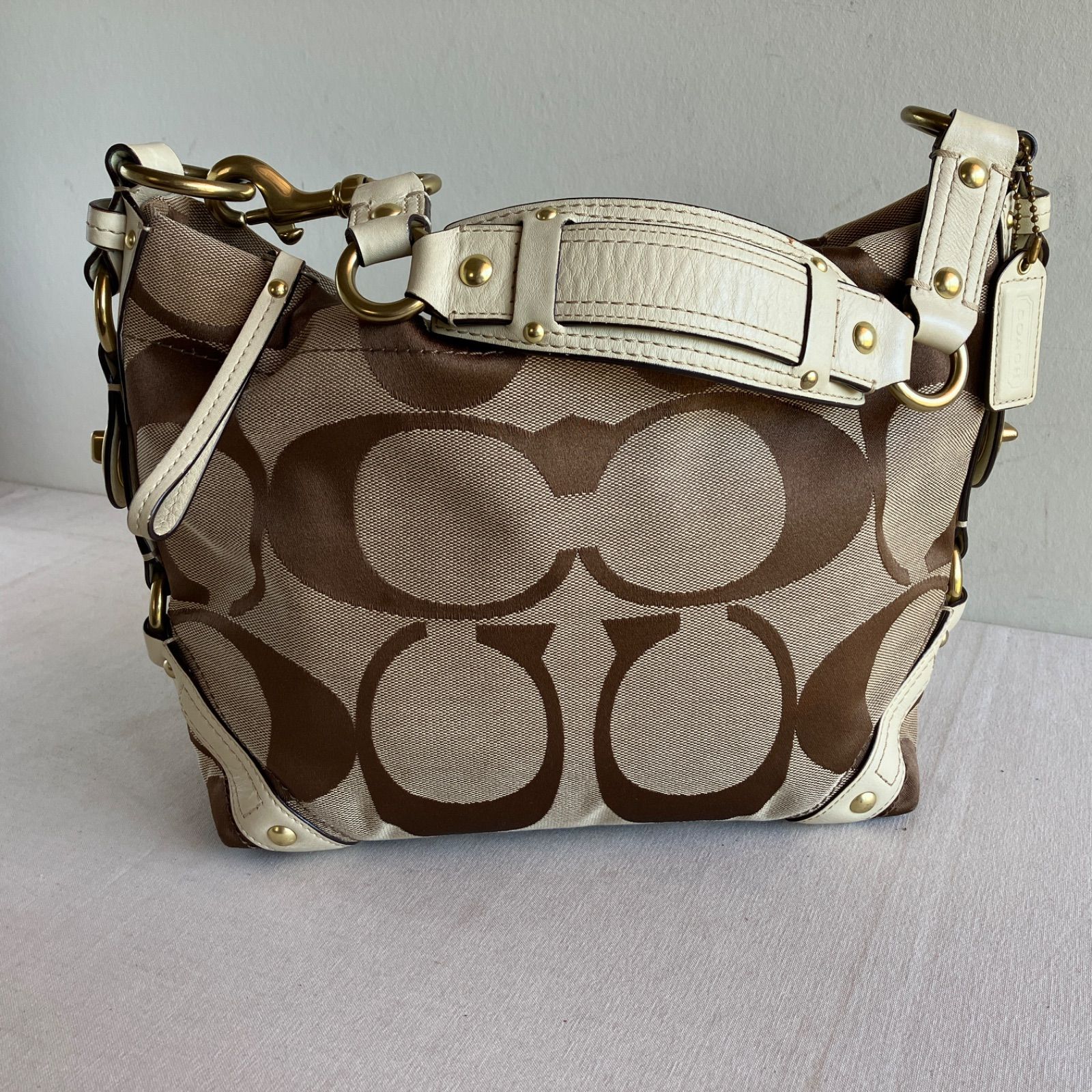 Y2K Coach Vintage Medium Carly Khaki Signature Jacquard Canvas Shoulder Bag