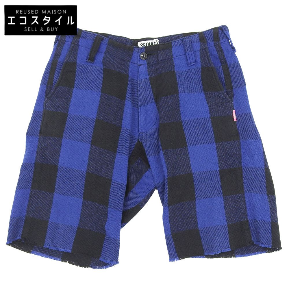 SEQUEL　シークエル　美品 コットン チェック ハーフパンツ ボトムス メンズ ブルー×ブラック S　S