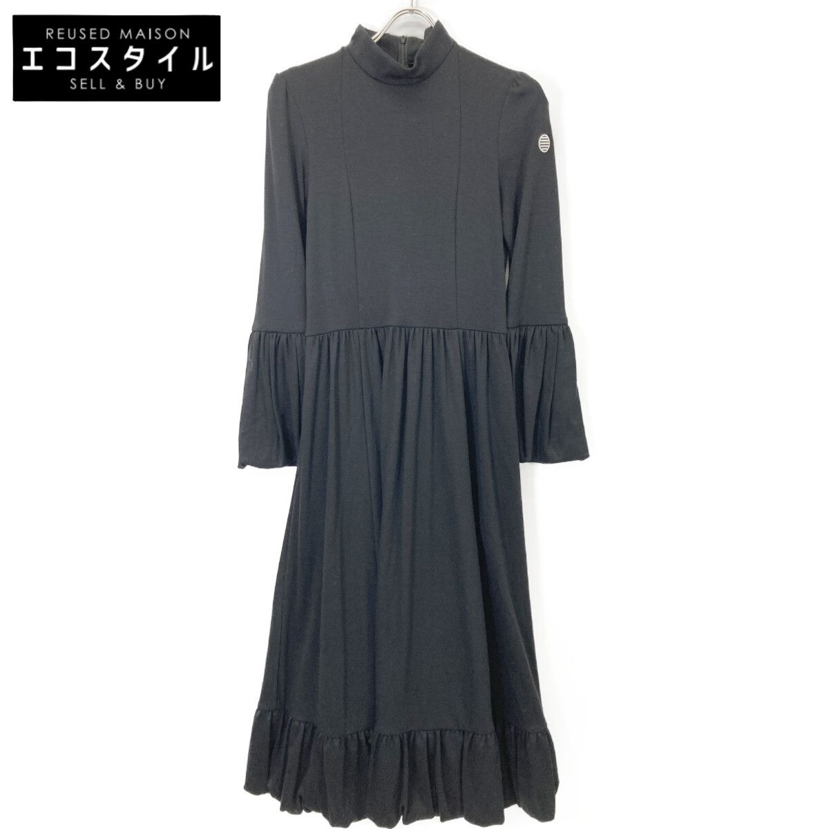 BORDERS at BALCONY　ボーダーズアットバルコニー　BD2121-2K-20 ブラック パッチ付きフレアスリーブマキシワンピース　38