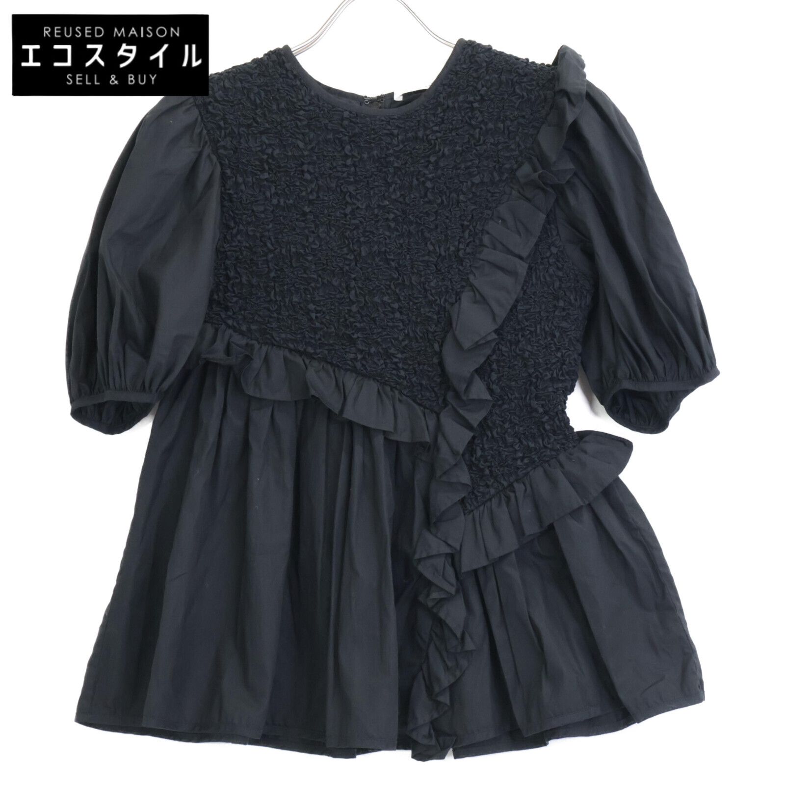 Cecilie Bahnsen　セシリー バンセン　ブラック Carlotta Ruffled Cotton-Blend Poplin Top フリルブラウス　UK6