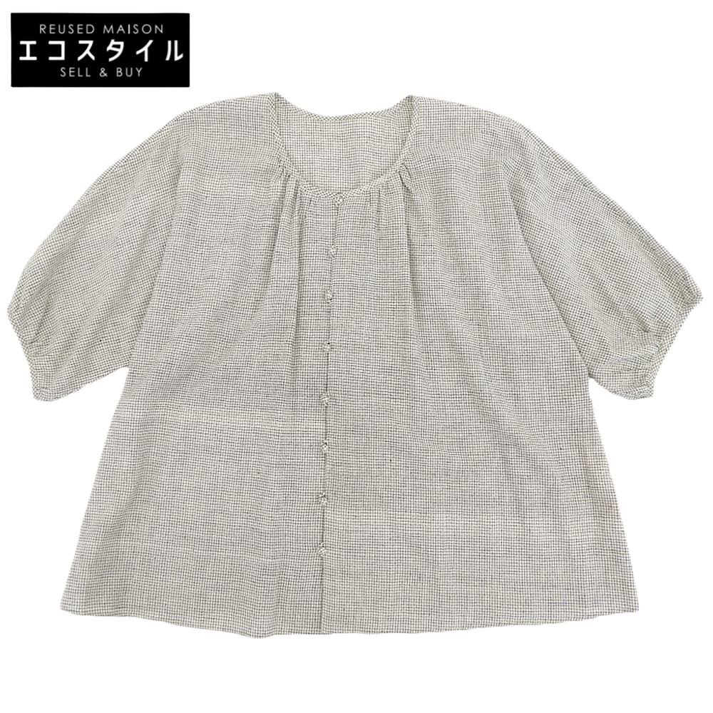 JURGEN LEHL　ヨーガンレール　コットン チェック ノーカラー シャツ トップス レディース グレー系 M　M