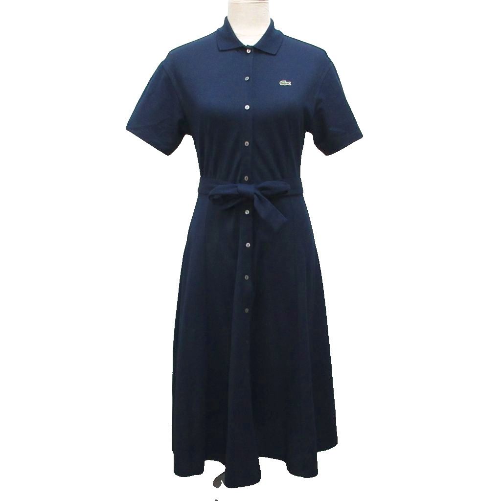 ラコステ LACOSTE 美品 鹿の子地シャツドレス ワンピース ミモレ ロング 半袖 ポロシャツ ロゴワッペン 36 紺 ネイビー EF9621