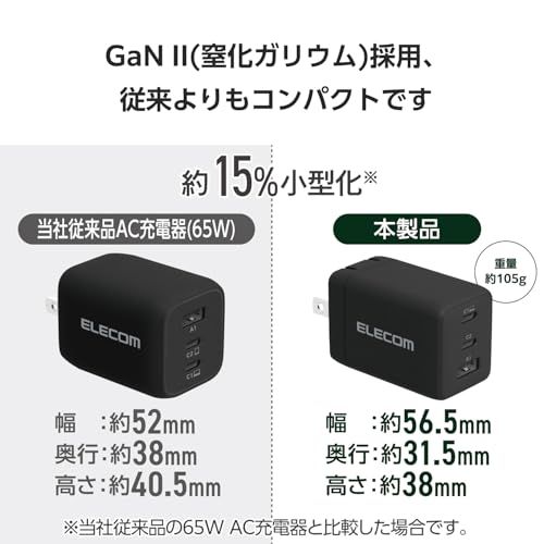 エレコム 充電器 合計65W 3ポート Type-C USB-A USB PD対応 スイング式プラグ採用 ブラック EC-AC10367BKkoe 06e0956f｜その他