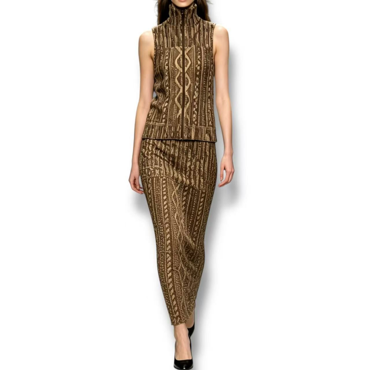 新品同様 ISSEY MIYAKE イッセイミヤケ PLEATS PLEASE プリーツプリーズ セットアップ ベスト スカート ロング チェーン ブラウン サイズ4