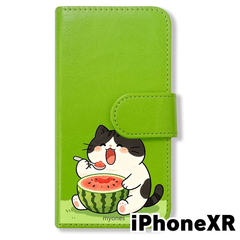 新品未使用】 iPhone XR 手帳型スマホ ケース (色：グリーン×ねこの夏