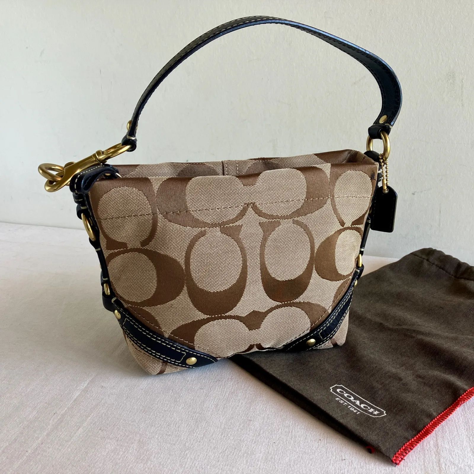 Y2K Coach Signature Khaki Brown Canvas Leather Trim Hobo Shoulder Bag Vintage