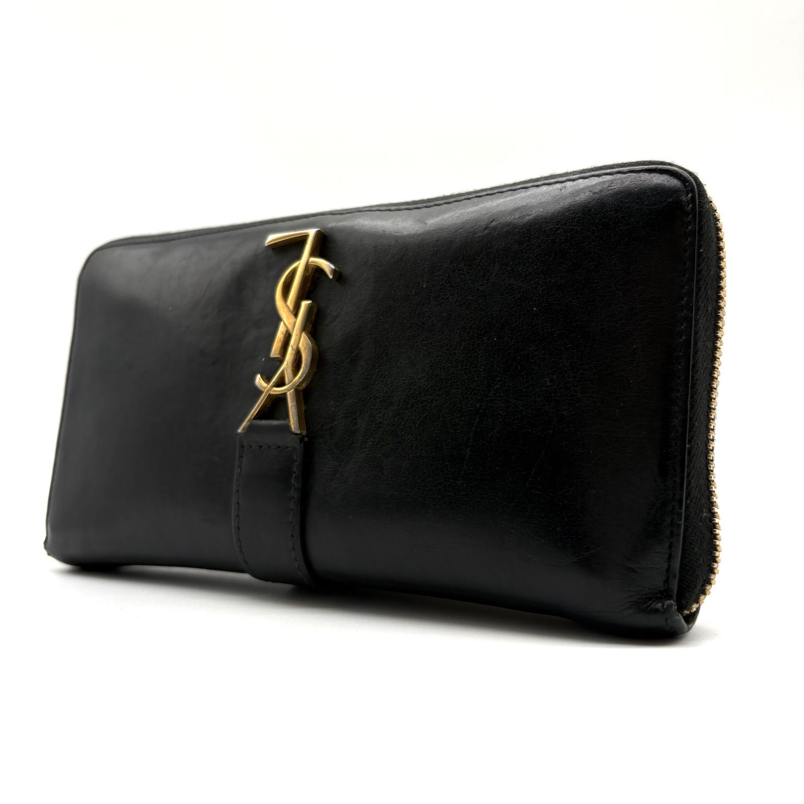 【美品✨】YVES SAINT LAURENT YSL Cassandra Round Zip Long Wallet Unisex Black Gold イブサンローラン カサンドラ ラウンドジップ 黒 長財布 男女兼用