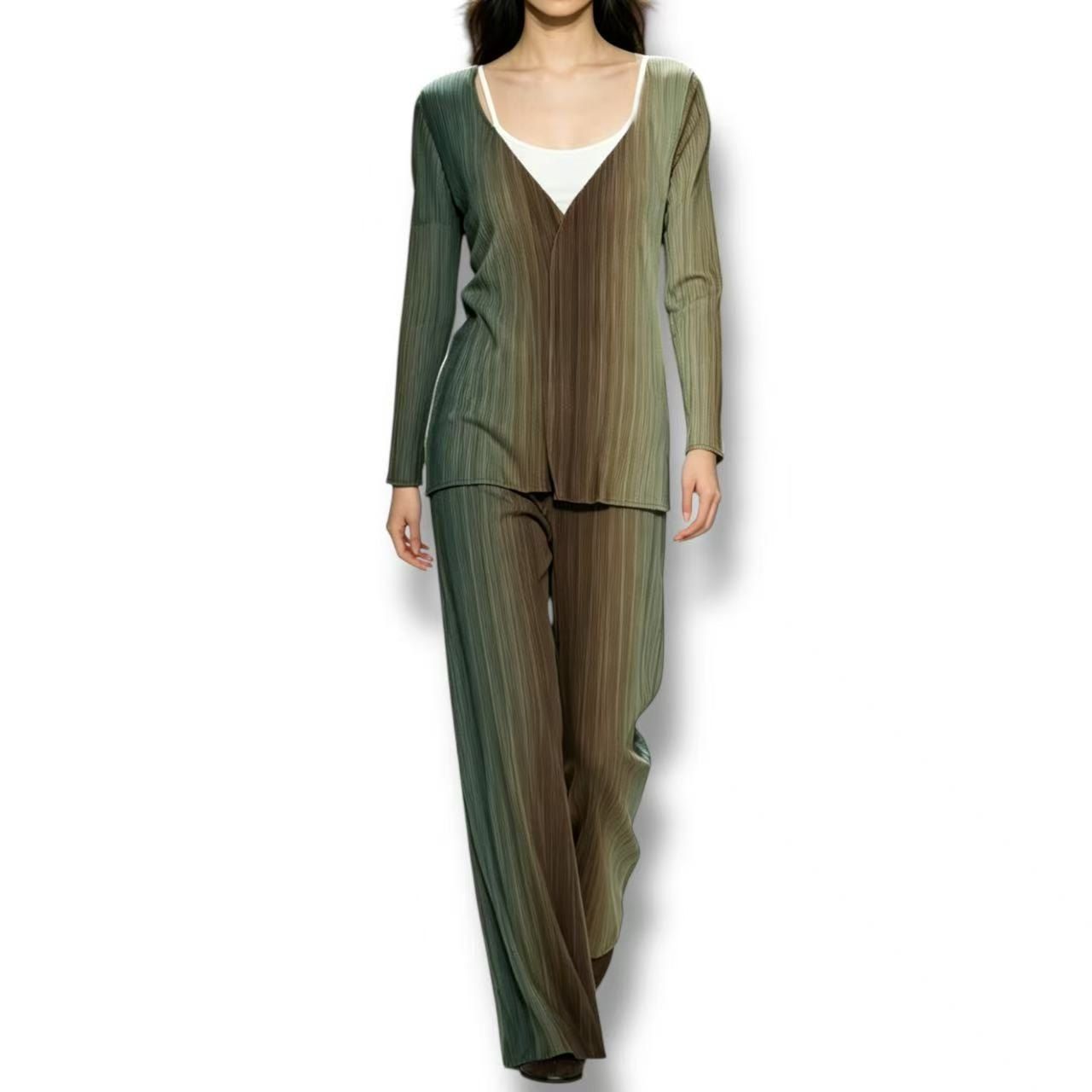新品同様 ISSEY MIYAKE イッセイミヤケ PLEATS PLEASE プリーツプリーズ セットアップ カーディガン パンツ グリーン グラデーションカラー サイズ3