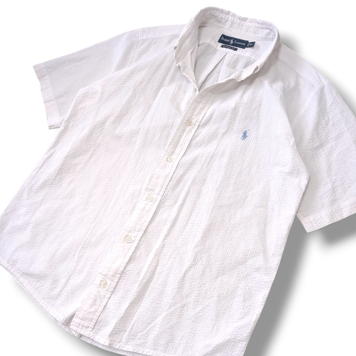 Ralph Lauren 00s Y2K ラルフローレン ボックスシルエット BDシャツ XLサイズ シアサッカー ホースロゴ 刺繍 CLASSIC FIT 白 ホワイト メンズ 春夏