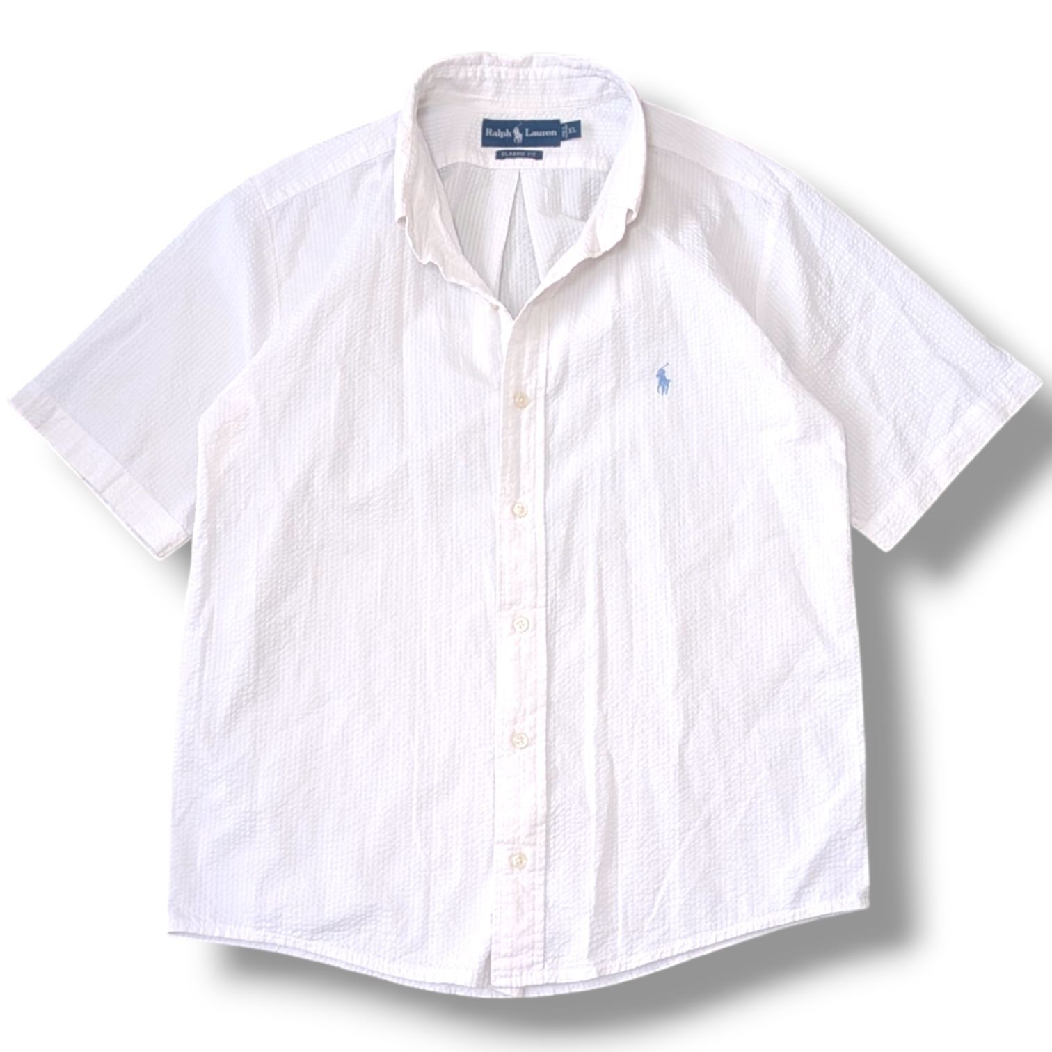 Ralph Lauren 00s Y2K ラルフローレン ボックスシルエット BDシャツ XLサイズ シアサッカー ホースロゴ 刺繍 CLASSIC FIT 白 ホワイト メンズ 春夏