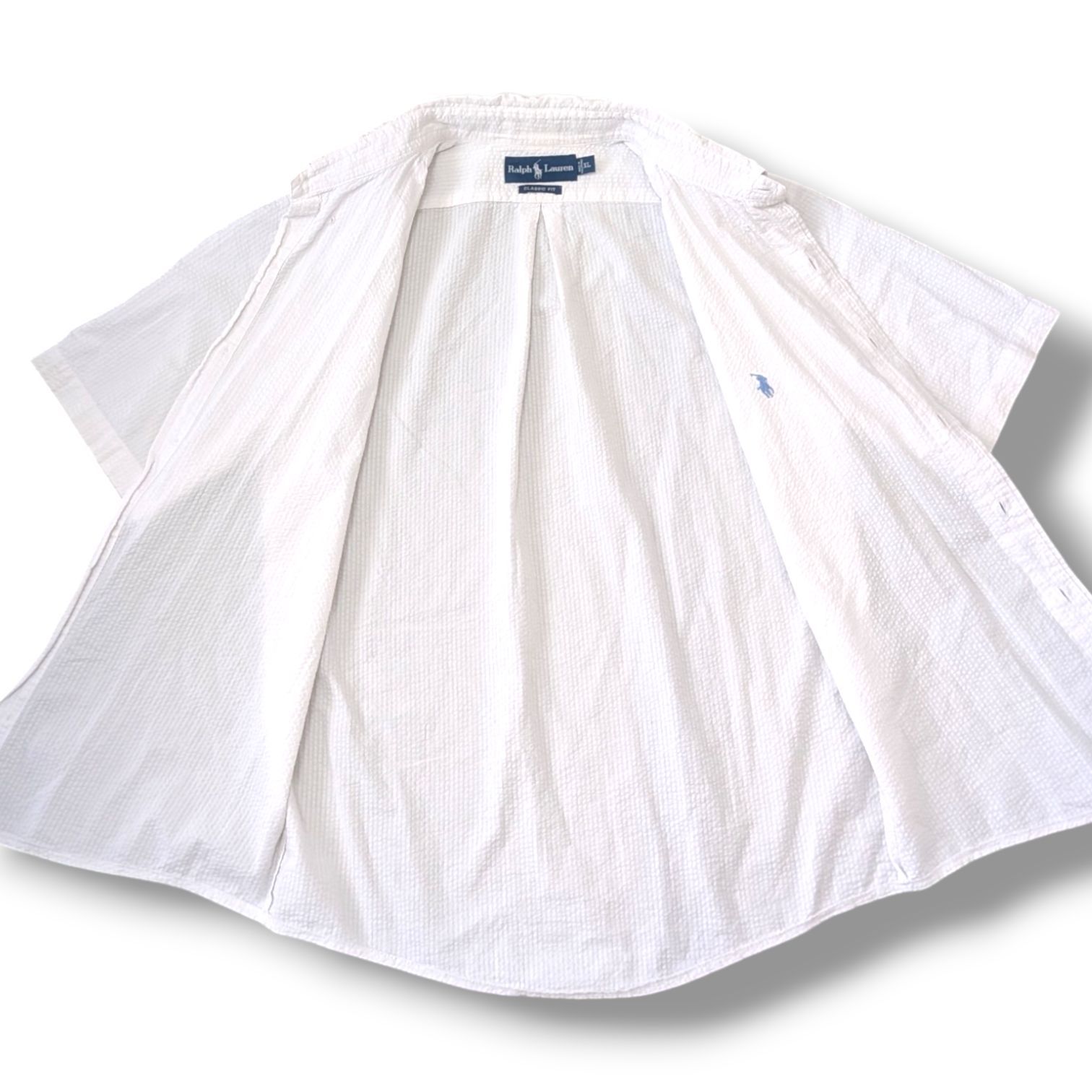 Ralph Lauren 00s Y2K ラルフローレン ボックスシルエット BDシャツ XLサイズ シアサッカー ホースロゴ 刺繍 CLASSIC FIT 白 ホワイト メンズ 春夏
