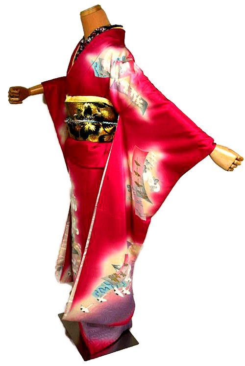 振袖・袋帯・長襦袢7点セット 最高級 美品 暈し染め 金彩 短冊 鶴 菊