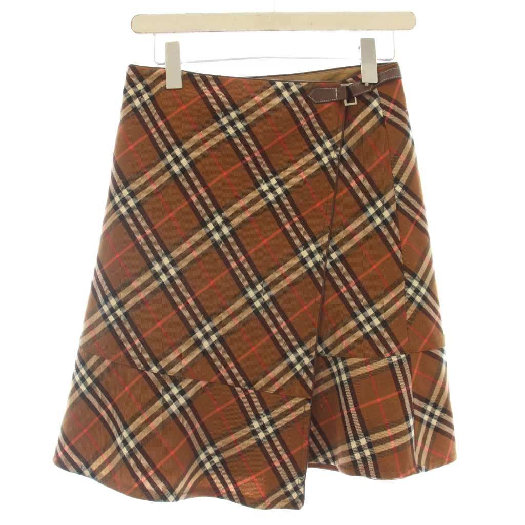 バーバリーブルーレーベル BURBERRY BLUE LABEL ラップスカート チェック ウール ひざ丈 スカート 36 茶 ブラウン FLF74-520 /☆G