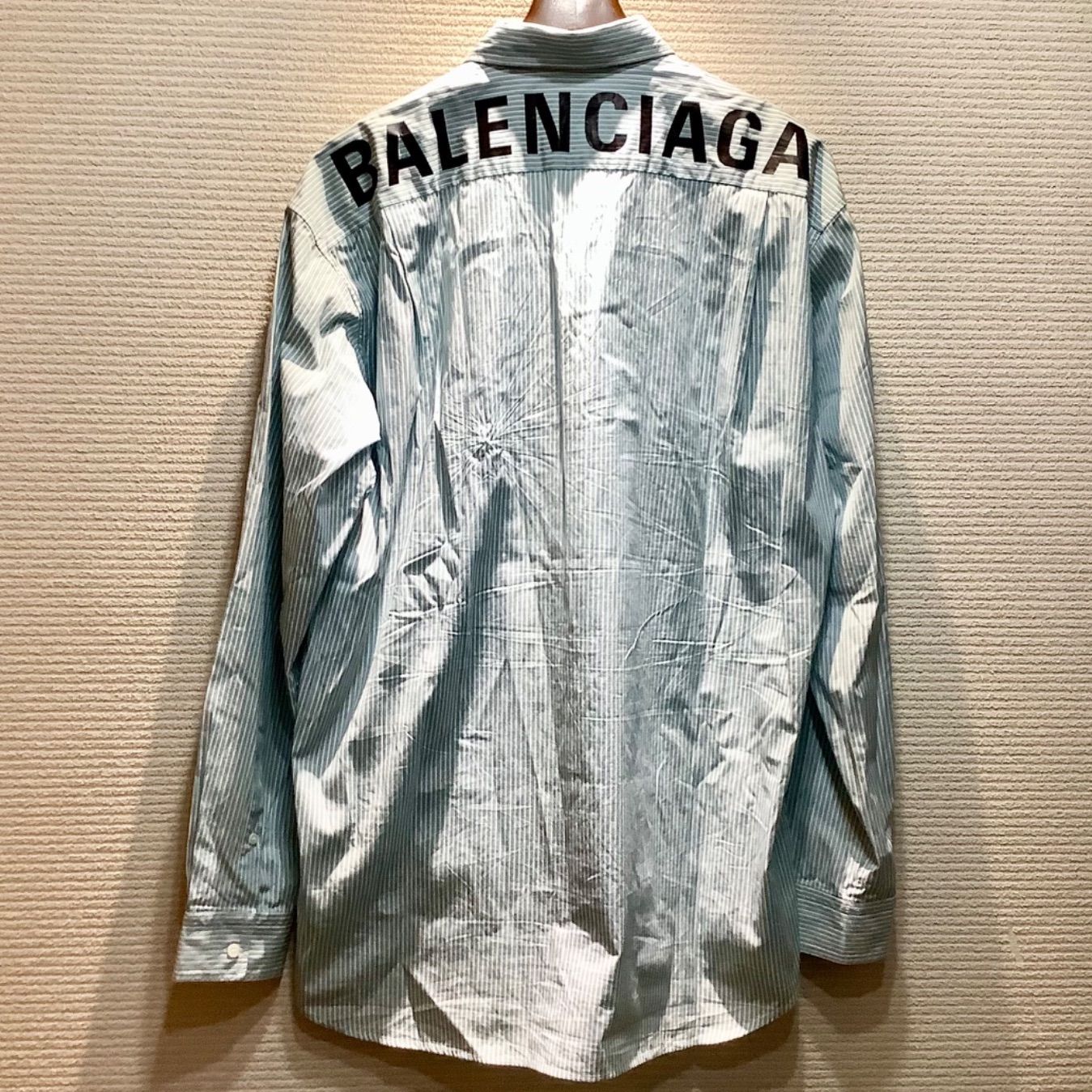 バレンシアガ BALENCIAGA 後ろロゴ プリント ストライプ オーバーサイズ シャツ ブルー [39] メンズ 515915 I51/T25