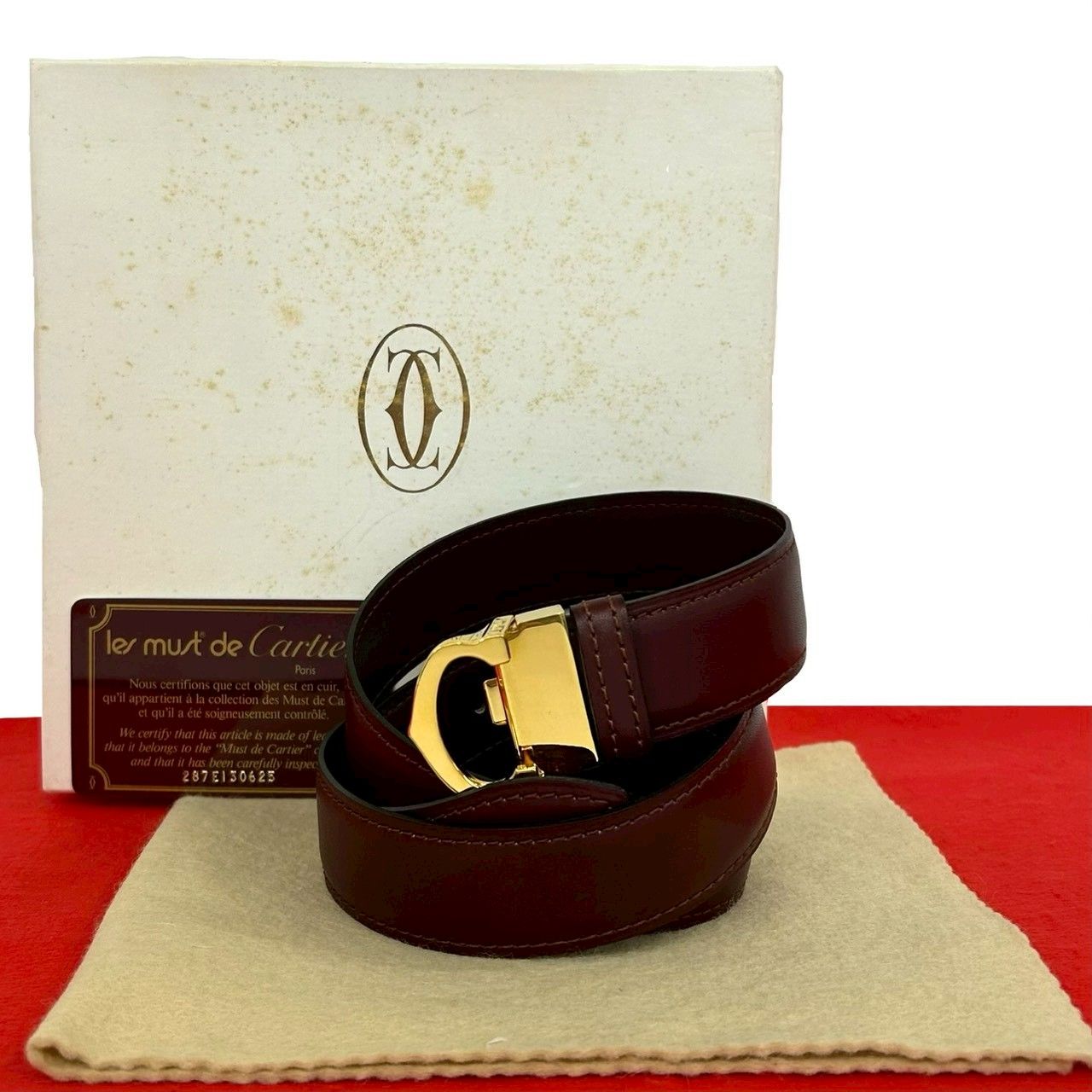 極 美品 箱付き CARTIER カルティエ ヴィンテージ マストライン レザー 本革 ベルト ワインレッド ボルドー 19139