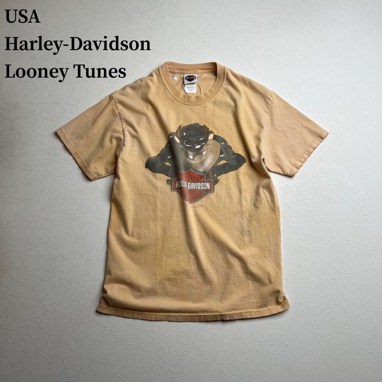 USA Harley-Davidson Hanes　ルーニー・テューンズ　両面プリント　Tシャツ　ハーレーダビッドソン　ライトベージュ　M 古着