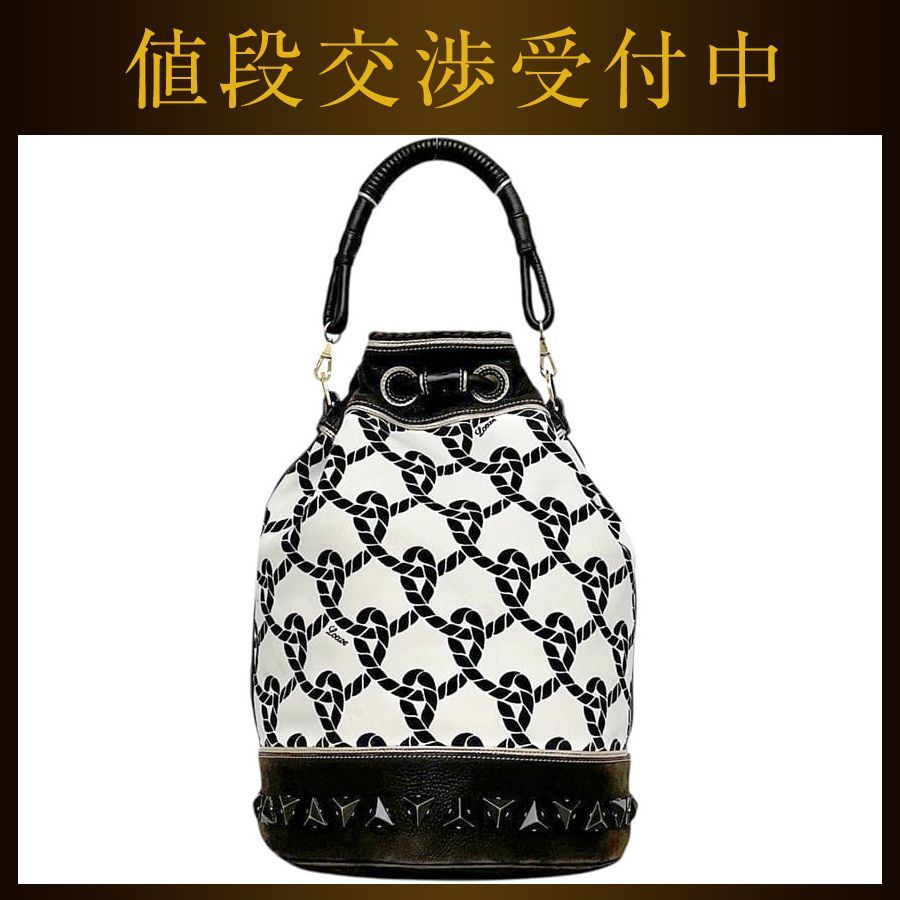 ロエベ 巾着 バケット バッグ ブラウン ホワイト 茶色 白 347.80.008 美品 キャンバス レザー 中古 060703 LOEWE