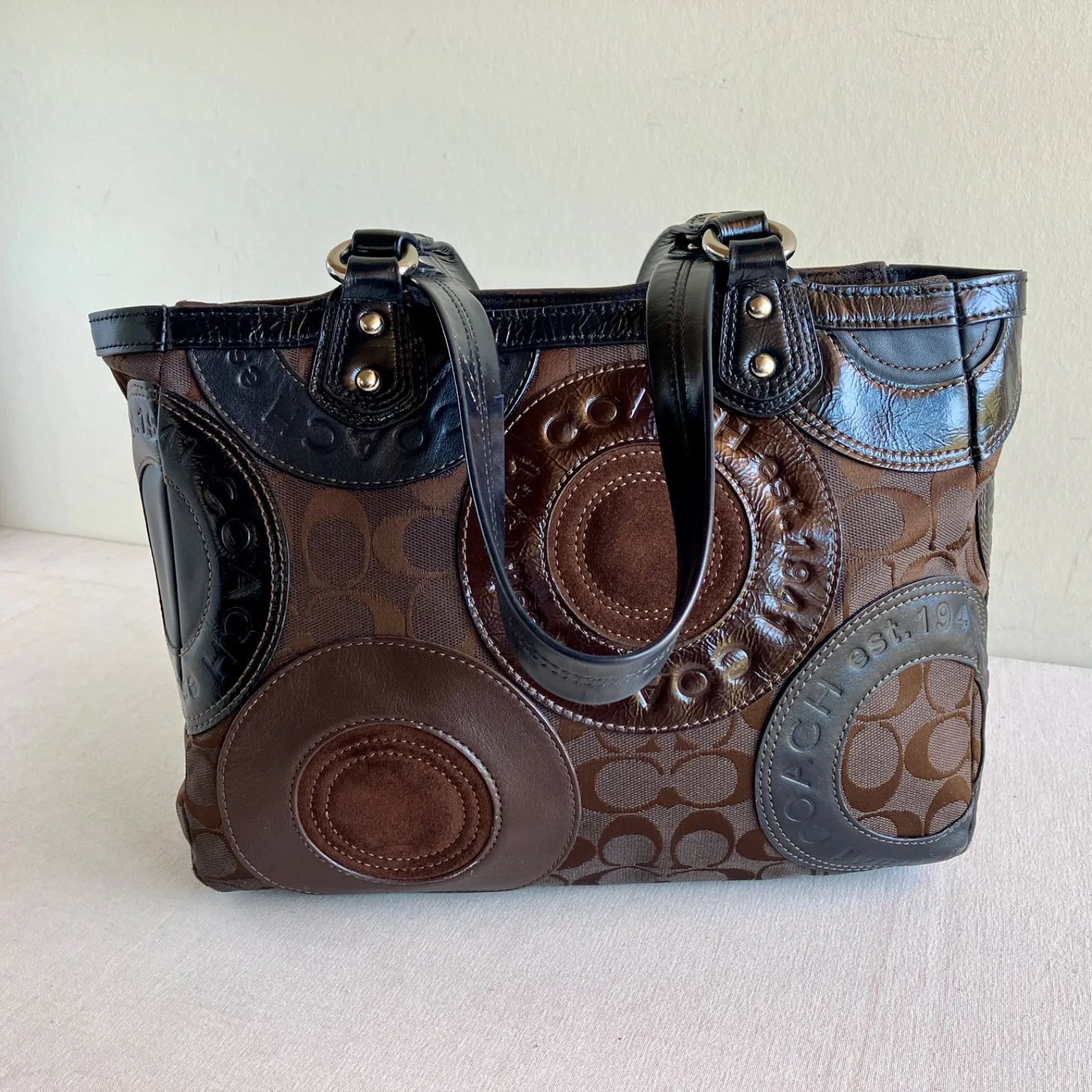 Coach Vintage Circle Patchwork East West Tote Shoulder Bag Y2K Jacquard Suede Leather