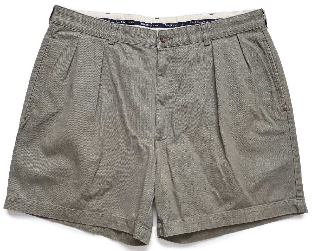 90s メキシコ製 ポロ ラルフローレン ANDREW SHORT ツータック コットン チノ ショートパンツ グリーングレー W38★145 ショーツ ハーフ