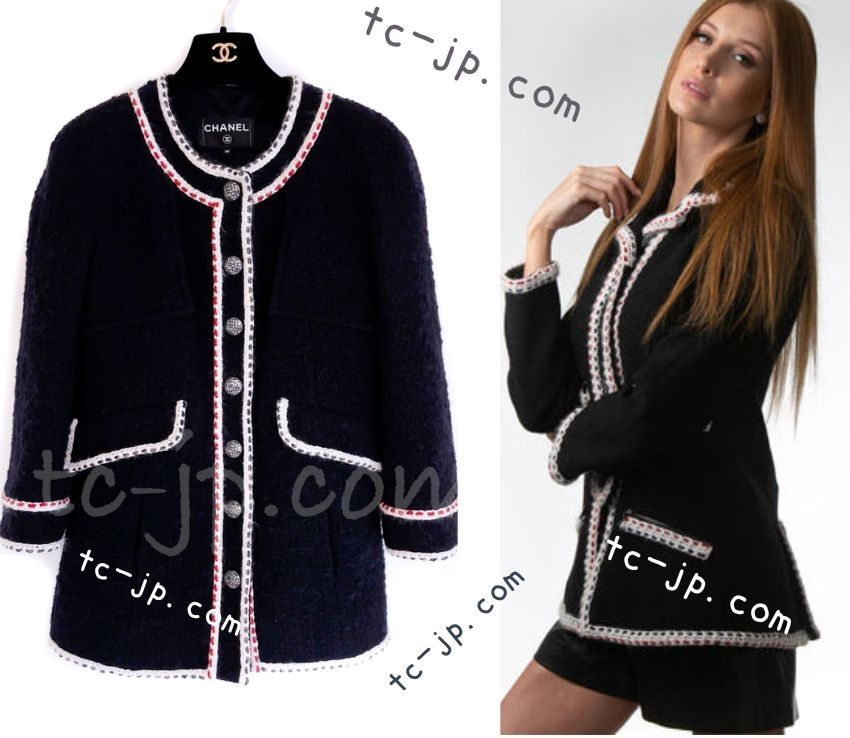 シャネル ジャケット コート CHANEL 84万 ダーク ネイビー アイボリー トリコロール ブレード ウール カール・ラガーフェルド 超美品 36 38