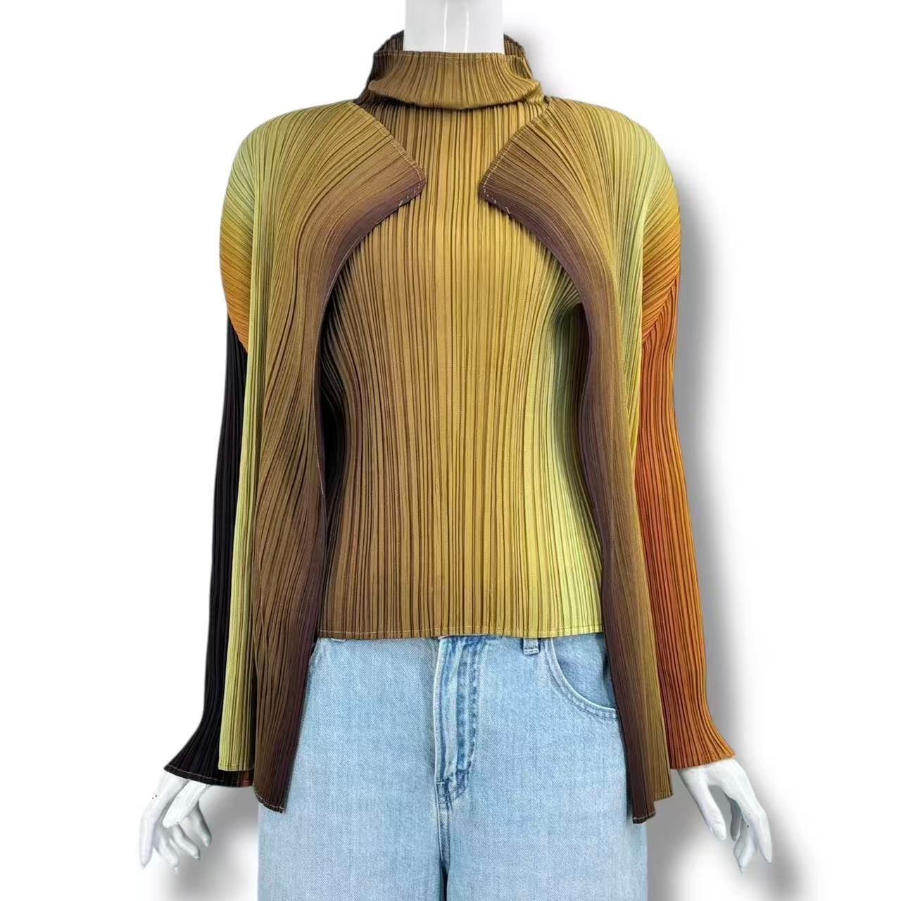 新品同様 ISSEY MIYAKE イッセイミヤケ PLEATS PLEASE プリーツプリーズ アンサンブル カーディガン カットソー グラデーション イエロー サイズ3