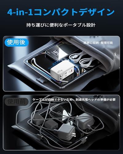 COCIVIVRE 4in1 巻き取り式充電器 （デュアルUSBポート+ ライトニング/Type-Cケーブル内蔵）伸縮可能 40W急速充電 折りたたみ式プラグ コンパクト 省スペース 保護機能 Air Pods Pro 3/i-Phone17 4d7f242d