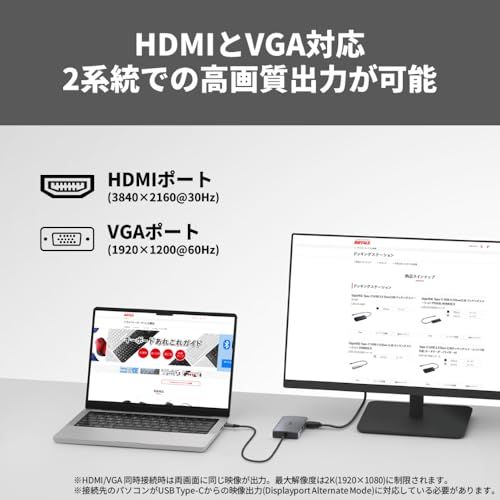 バッファロー USB-C ハブ ドッキングステーション 6-in-1 100W USB PD HDMI 4K VGA LANポート Type-C Type-A USB 3.2 Gen1 高速データ転送 急速充電 【 Windows/Mac/C 8836ac08