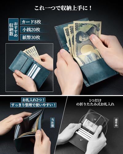 [Kawaoto] 財布 メンズ 2つ折り プエブロレザー 本革 日本製 二つ折り財布 薄型財布 コンパクト財布 小さい お札入れ2室 一流の革職人が作る 紳士用 金運 ビジネス プレゼント (ブルー)koe b46d842e