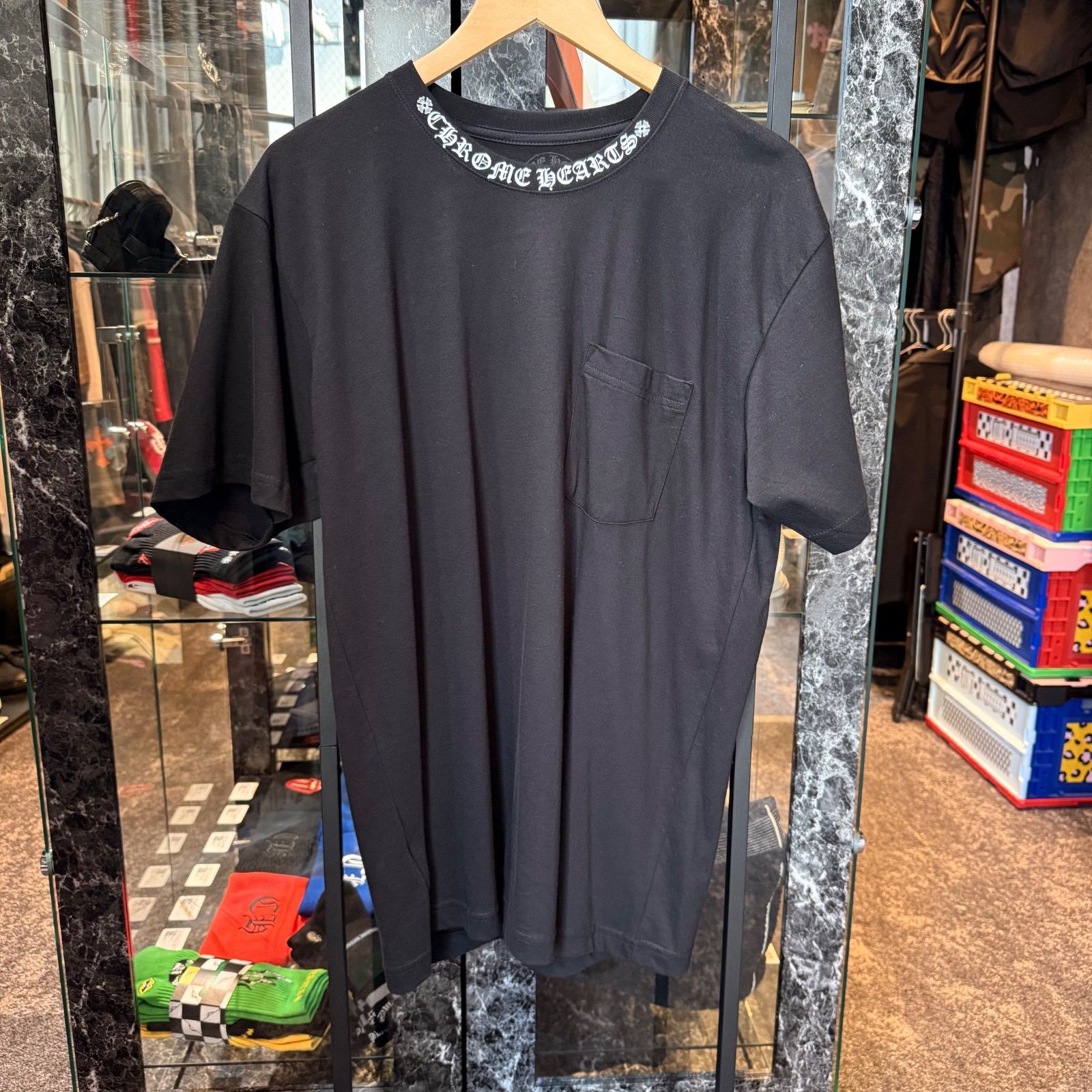 クロムハーツ　半袖Tシャツ　ネックロゴプリント　ブラック×ホワイト　Lサイズ　S品