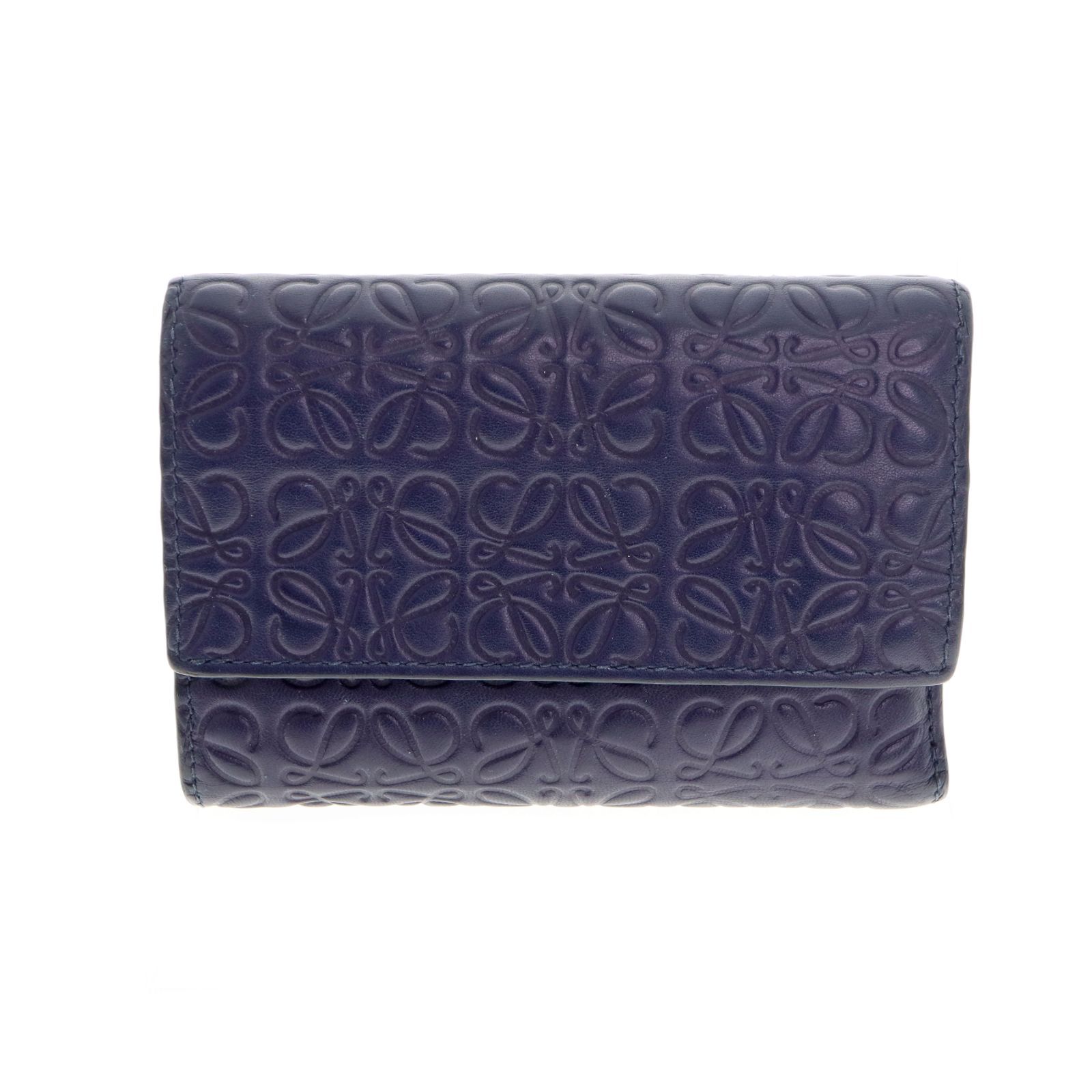 【中古】LOEWE ロエベ スモールバーティカルウォレット リピートアナグラム 三つ折り財布 レディース メンズ コンパクトウォレット ネイビー ブランド