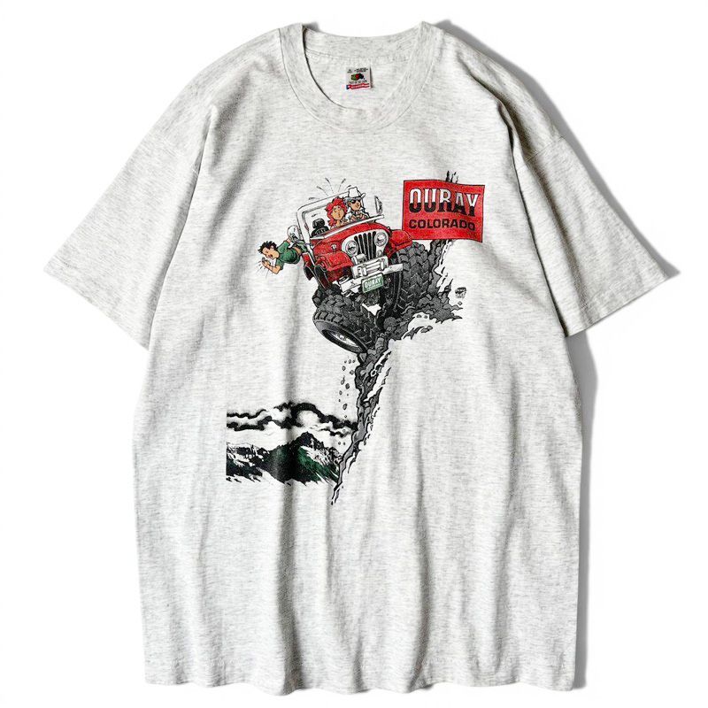 90s USA製 スーベニア イラスト プリント 半袖 Tシャツ XL / 90年代 アメリカ製 オールド ジープ オフロード シングル ステッチ グレー
