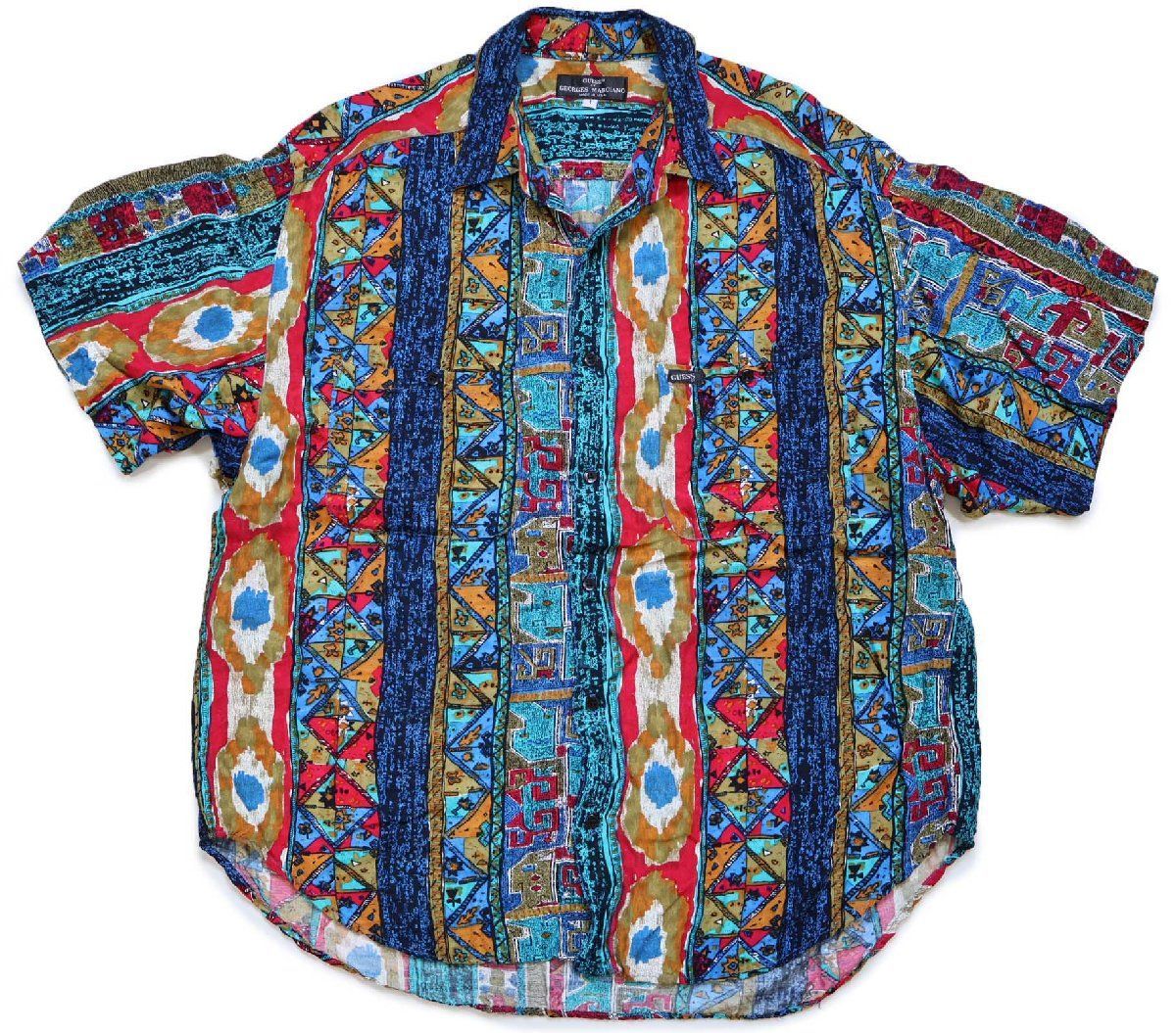 90s USA製 GUESS BY GEORGES MARCIANO ゲス 総柄 半袖 レーヨンシャツ 1★オールド ビンテージ オリエンタル デザイン ビッグサイズ