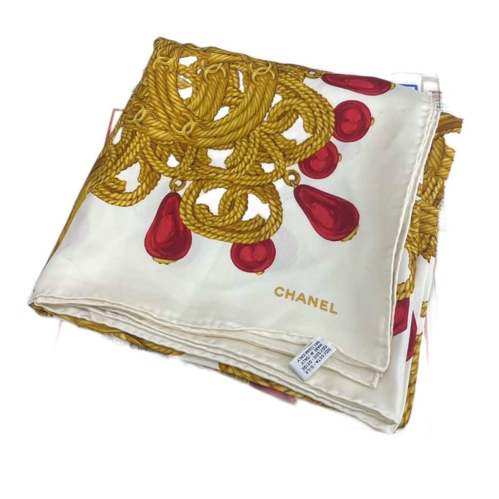シャネル CHANEL 大判スカーフ ストール 絹 シルク ロゴ 総柄 黄