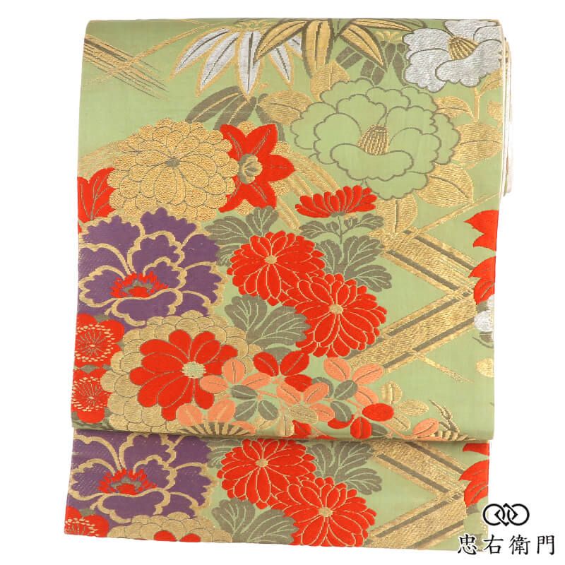 アンティーク正絹 全通柄 黄緑 菊 笹 椿 伝統文様 長さ394.5cm 幅30cm