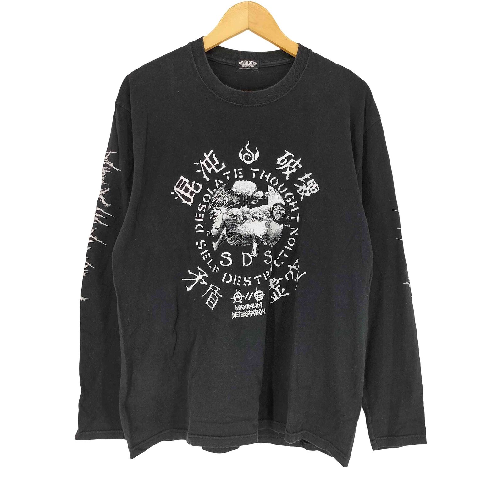 ユーズドフルギ USED古着 {{RIVER STYX}} フロント＆アームプリント L/S クルーネックバンドTシャツ メンズ 表記無