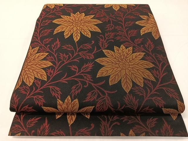 平和屋着物●織物一筋名門　織悦　全通柄　本袋帯　草花文　黒地　正絹　逸品　CABH4607vp