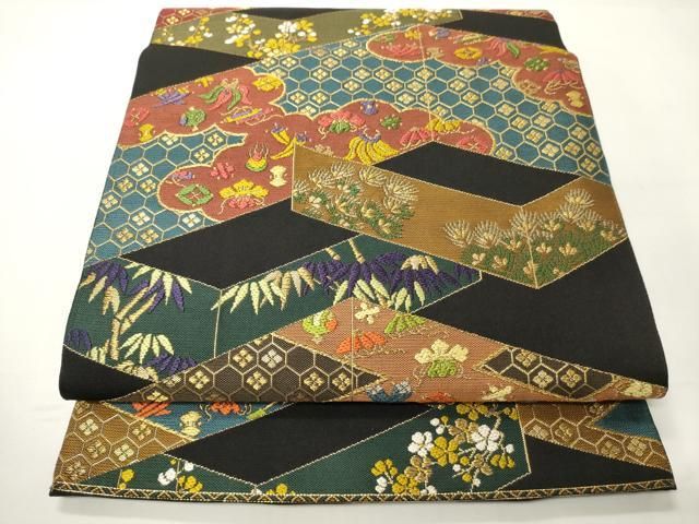 平和屋着物●河崎工房　河崎晴生　六通柄　本袋帯　唐織　宝寿重文　黒地　金糸　正絹　逸品　未使用　CABF0328ak